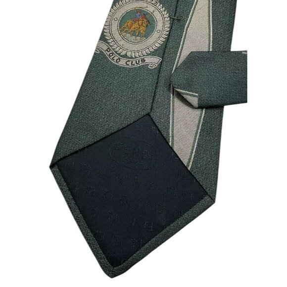 FENDI Men's 100% Silk Necktie LUXURY Tie Green Polo Club W:3.8" EUC - Picture 5 of 5